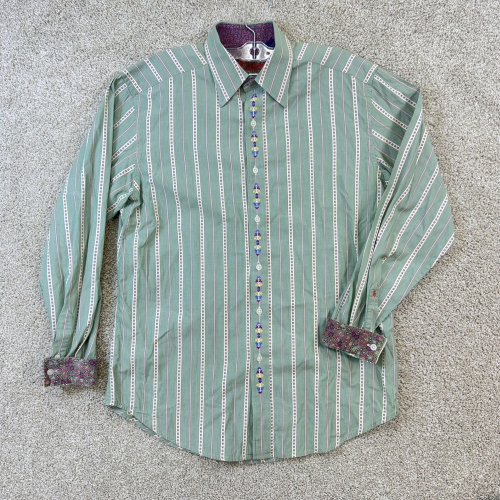 Robert Graham Mens Green Striped Embroidered Long Sleeve Button Front Shirt M